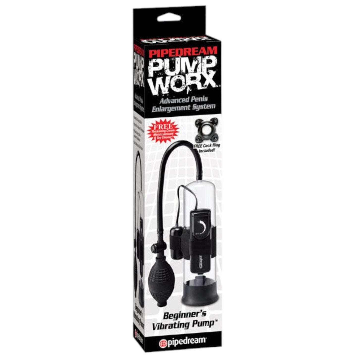 Sistema de bomba de vacío vibratoria PlayLoveToys Pump Worx con cilindro transparente y pera de inflado negra