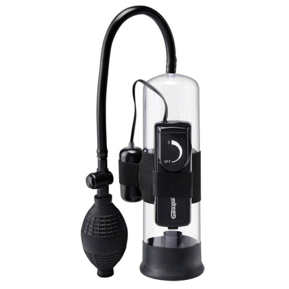 Bomba de vacío vibratoria PlayLoveToys transparente y negra con tubo de PVC, pera de succión y bala vibradora