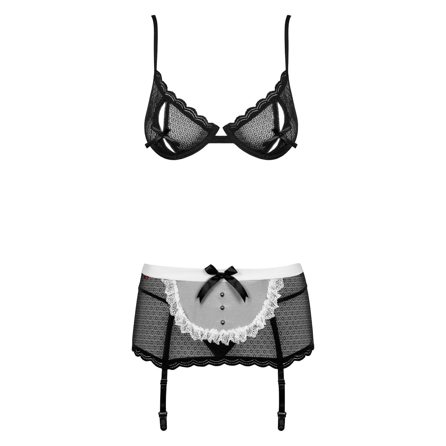 Conjunto de lencería de sirvienta PlayLoveToys Maidme con sujetador negro con aros, liguero tipo delantal y encaje.