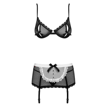 Conjunto de lencería de sirvienta PlayLoveToys Maidme con sujetador negro con aros, liguero tipo delantal y encaje.