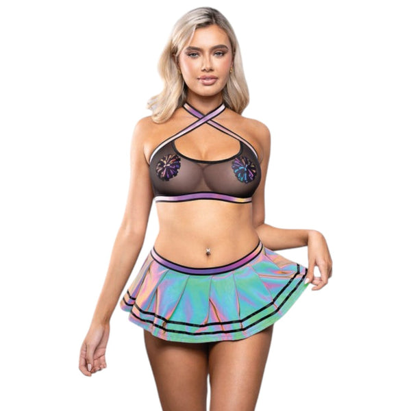 Modelo con disfraz de animadora PlayLoveToys de 5 piezas, top de malla reflectante y minifalda plisada iridiscente