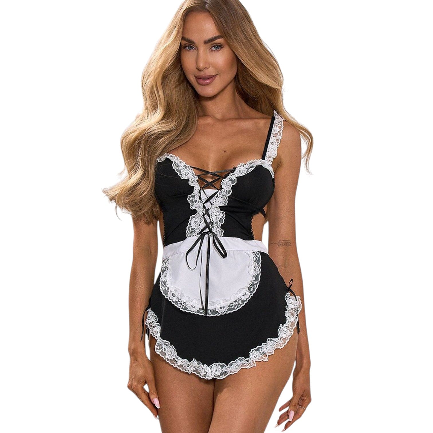 Modelo vistiendo disfraz de sirvienta PlayLoveToys, vestido negro con encaje blanco, lazos frontales y delantal