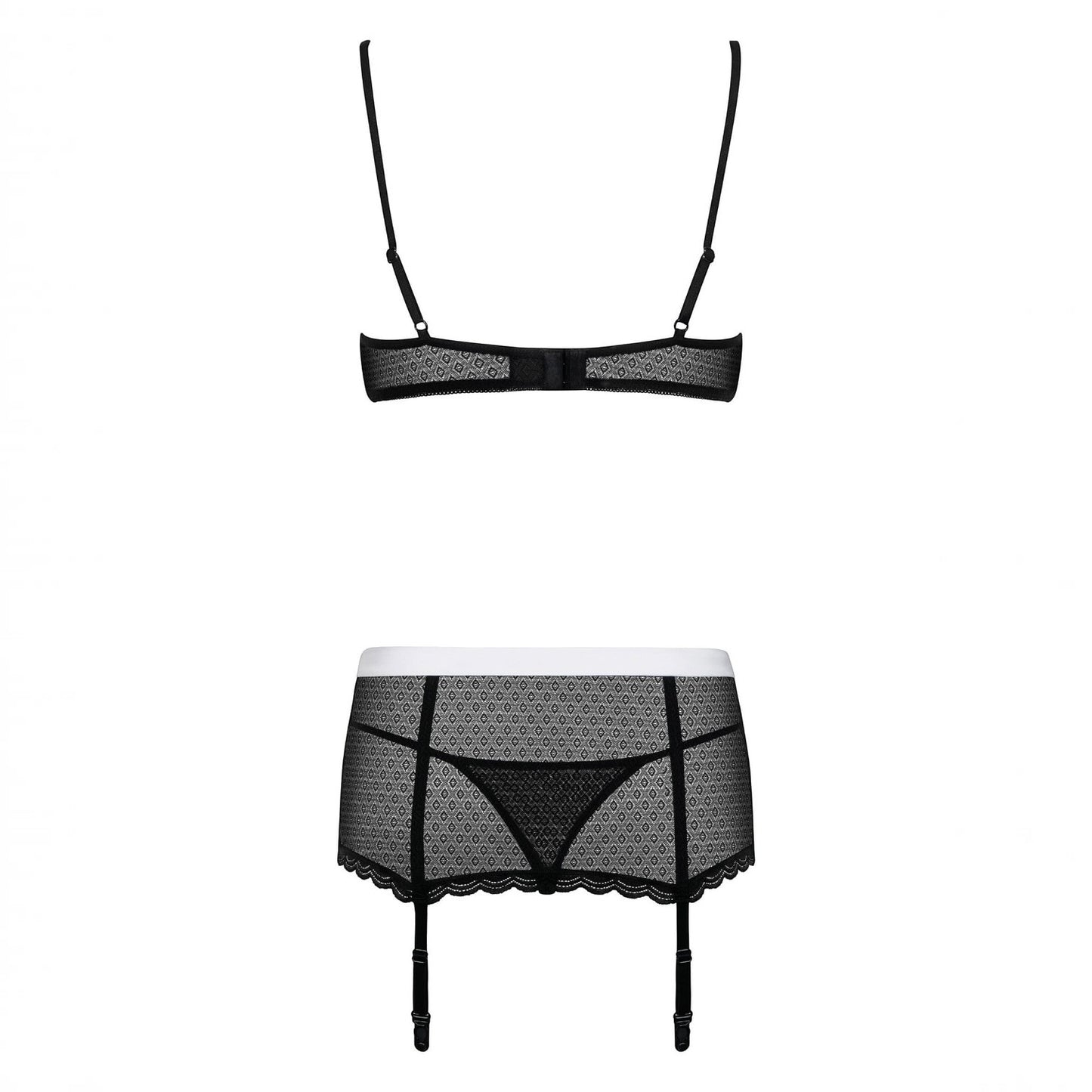 Vista trasera del conjunto de lencería PlayLoveToys Maidme con sujetador negro y liguero de encaje con tanga.