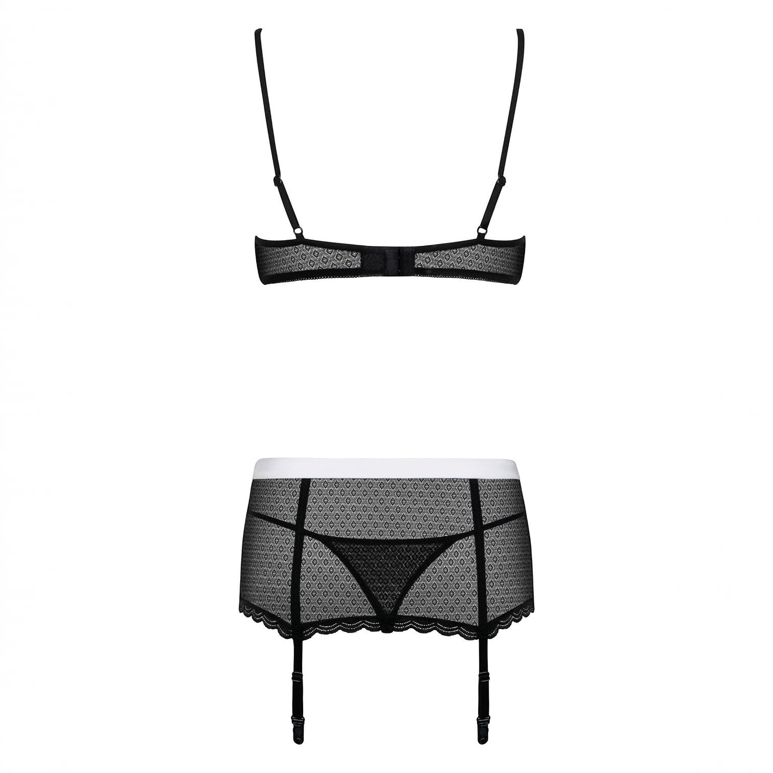 Vista trasera del conjunto de lencería PlayLoveToys Maidme con sujetador negro y liguero de encaje con tanga.