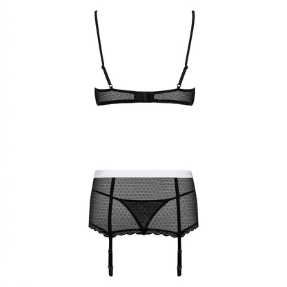 Vista trasera del conjunto de lencería PlayLoveToys Maidme con sujetador negro y liguero de encaje con tanga.
