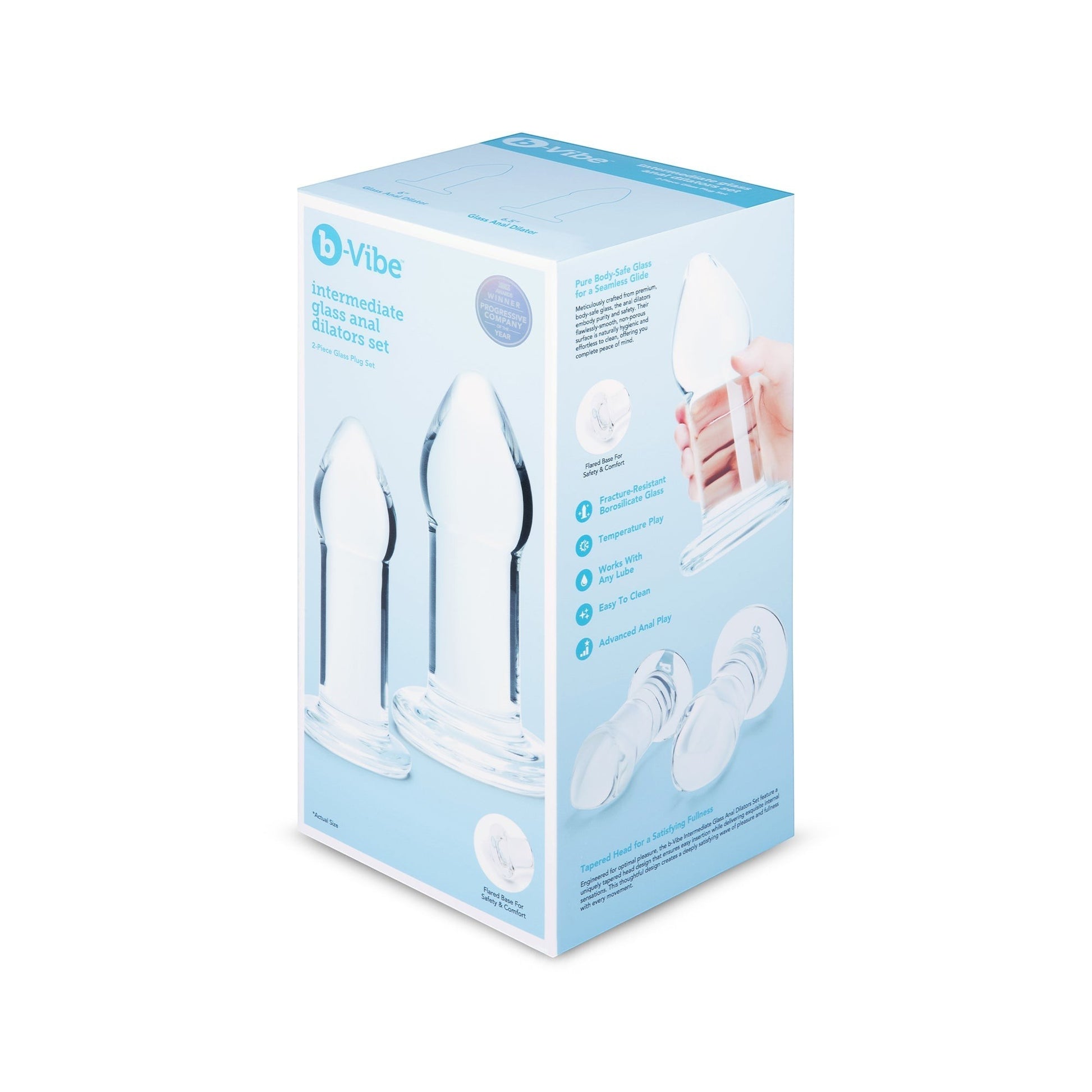 Set de dilatadores anales de vidrio PlayLoveToys b-Vibe, dos piezas de borosilicato transparente para entrenamiento.