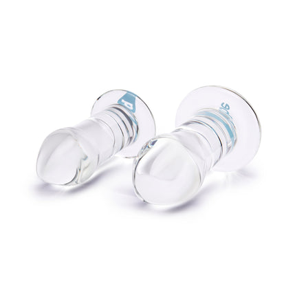 Set de dos dilatadores anales de vidrio borosilicato transparente de PlayLoveToys para entrenamiento progresivo.