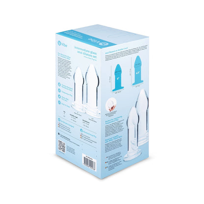 Caja del set de dilatadores anales de vidrio b-Vibe de PlayLoveToys, mostrando dos piezas de borosilicato transparente.