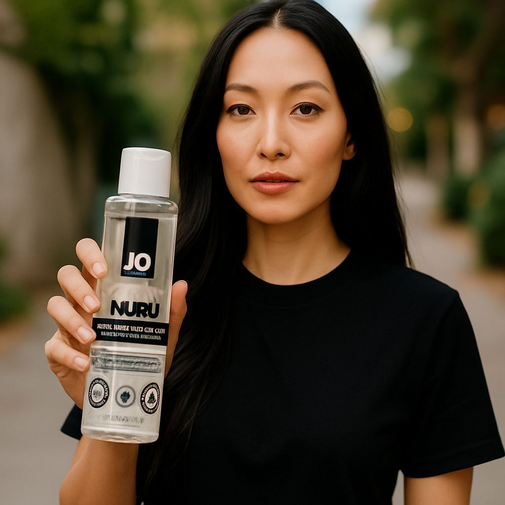 Woman holding a bottle of JO Nuru product outdoors - PlayLoveToys