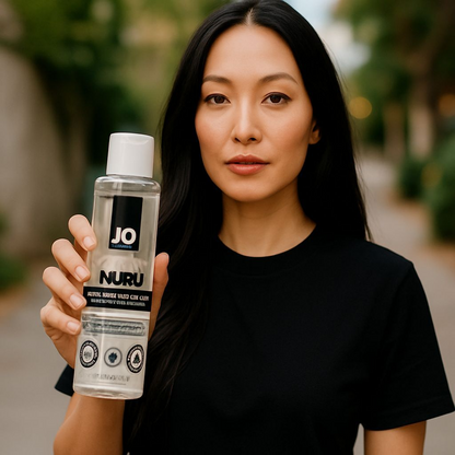 Woman holding a bottle of JO Nuru product outdoors - PlayLoveToys